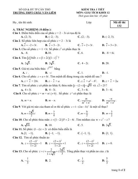 Đề kiểm tra Giải tích 12 chương 4 (Số phức) trường THPT Châu Văn Liêm – Cần Thơ